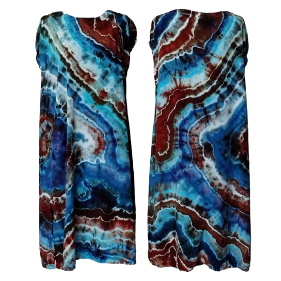 Large Blue and Brown Geode Style Rayon Tie Dye Dress - Picture 4 of 5